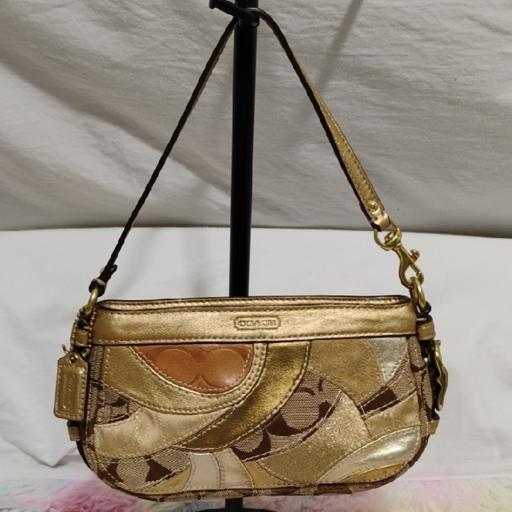 SALE! Authentic Coach Zoe Mosaic Gold Patchwork Mini Bag Like New Condition
